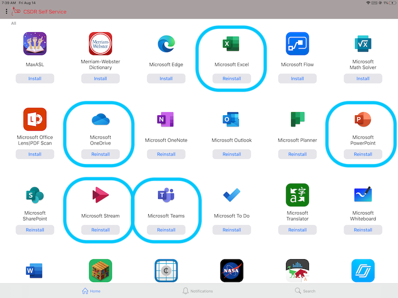 Computer screen showing Self-Service Microsoft apps (Excel, OneDrive, PowerPoint, Stream, and Teams), and other apps.