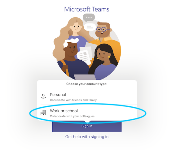 Microsoft Teams Account types selection list, including Personal and the one to select, Work or school.