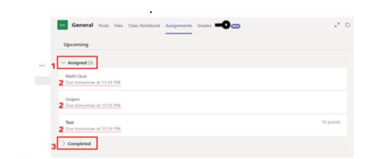 Microsoft Teams Assignments window, displaying the Assigned and Completed sections.