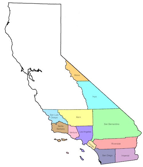 A diagram of Southern California Counties: Imperial, Inyo, Kern, Los Angeles, Mono, Orange, Riverside, San Bernardino, San Diego, San Luis Obispo, Santa Barbara, and Ventura.